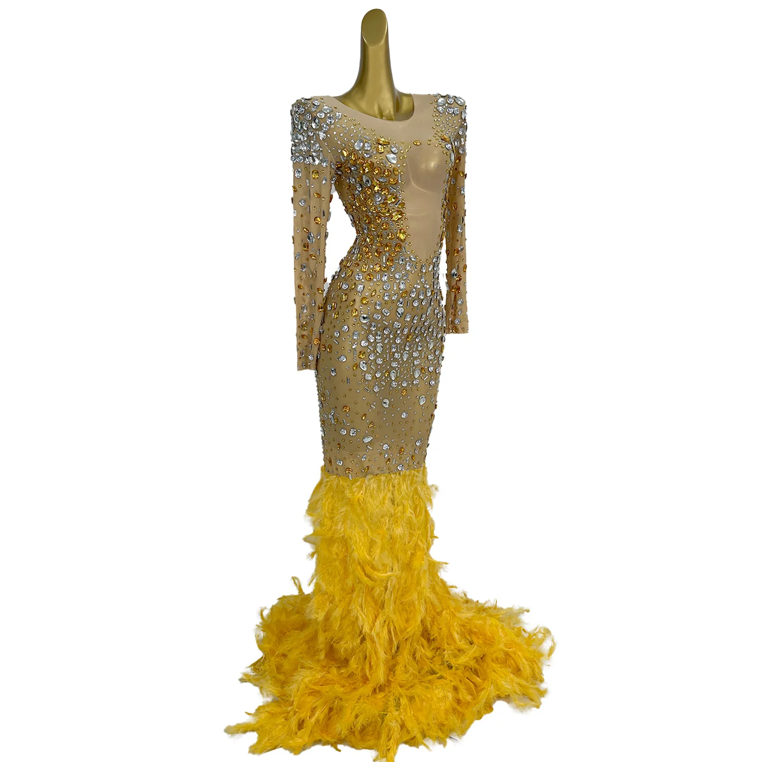 Vestidos lujosos de plumas largas de malla con cristales dorados para mujer, vestidos de fiesta de noche para celebración de cumpleaños, ropa de escenario para cantante Baijinyumao