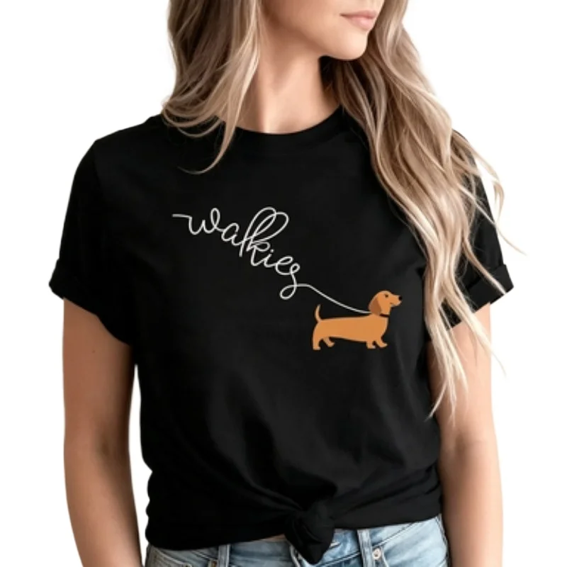 Pet Owner Women Cotton T Shirt Minimal Walkies Text Leash Dachshund Graphic Lovely Sausage Dog Casual Loose Fit Crew Neck Tops