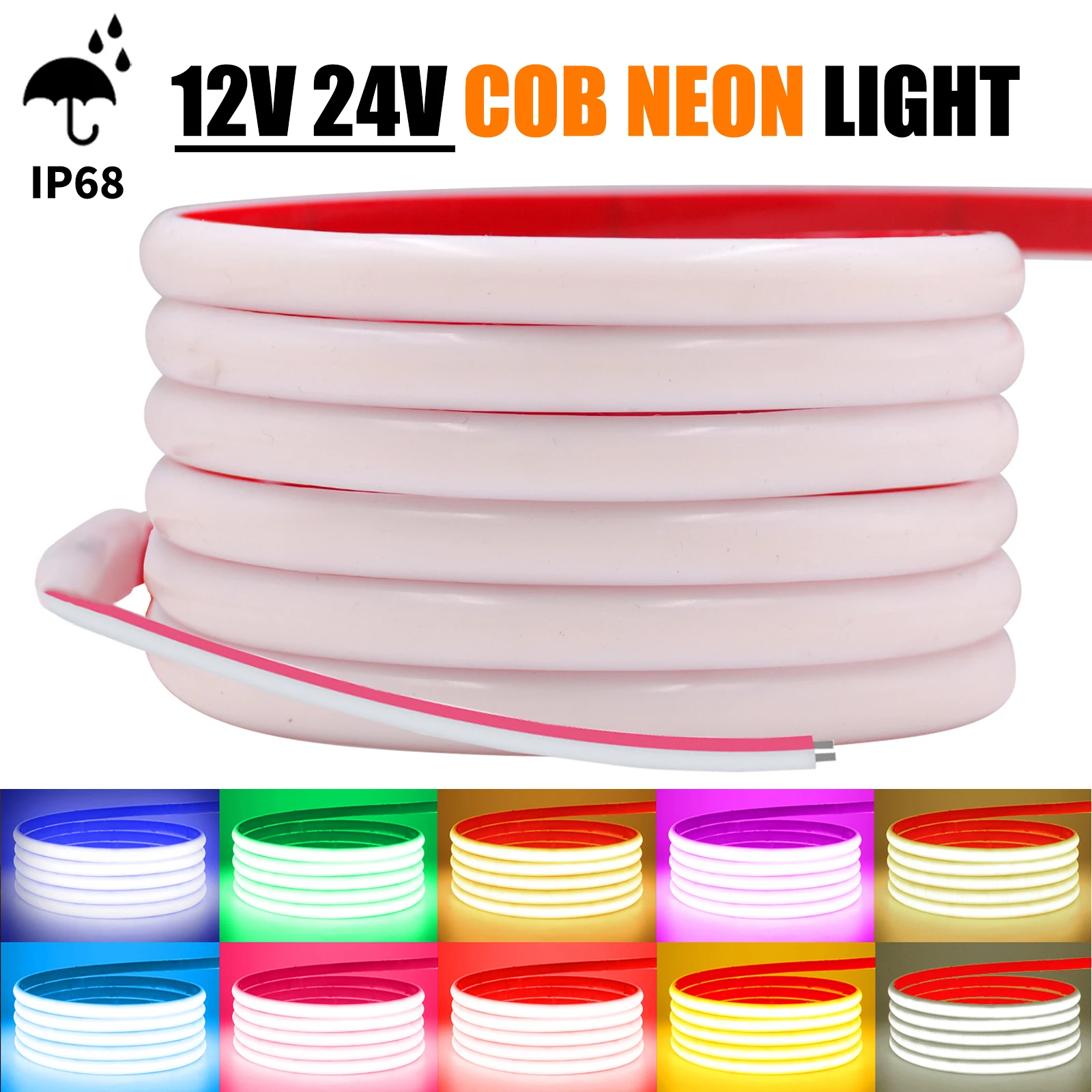 IP68 Waterproof COB LED Neon Strip Light DC 12V 24V 320Leds/M Flex Ribbon Tape RA90 High Density Linear Lighting Red Blue Green