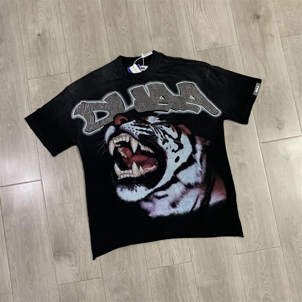 Washed DUAA Tiger Print Ripped Vintage Short Sleeve T-shirt Men Women High Quality T Shirt Tops Tee