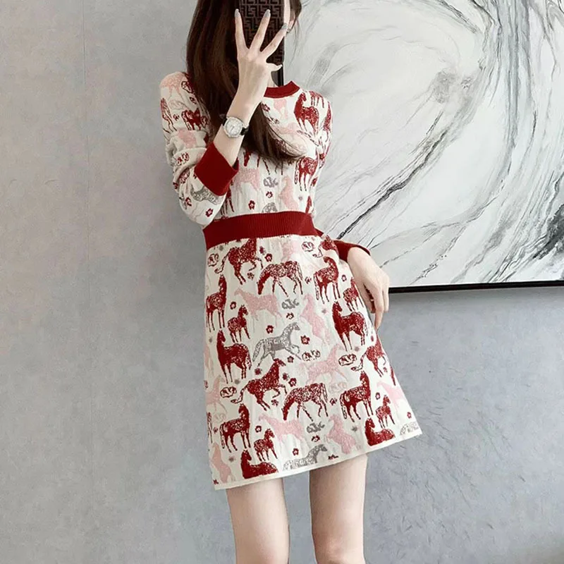 

Women's Knitted Sweater Dress Autumn And Winter New Print Fashionable Splicing Temperament Long Sleeve