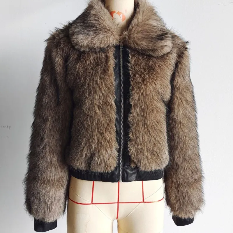 

Winter 2025 Womens Korean Retro Jacket Peak Lapel Long Sleeve Faux Fur Patchwork Cold-Resistant Plush Outerwear Coats