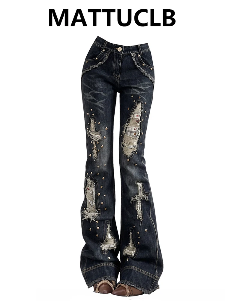 Autumn Winter Women's Design Flare Jean Japanese Goblin Core Cross Ripped Denim Pants Harajuku Y2k 2000S Bell Bottom American