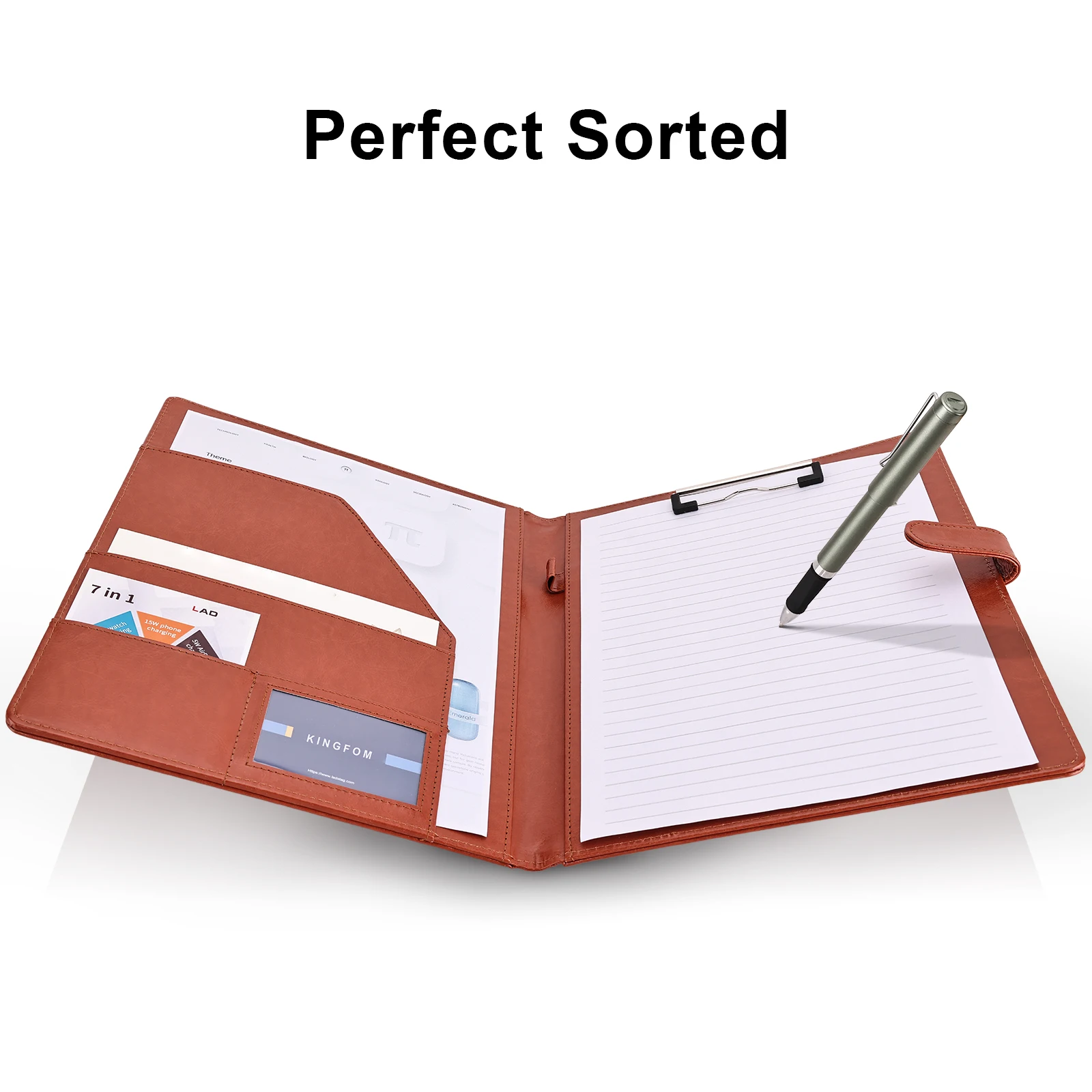 Kingfom A4 Paper File Folder PU Leather Clamping Board A4 Notebook Holder Padfolios with Clip Business Card Pocket Pen Holder