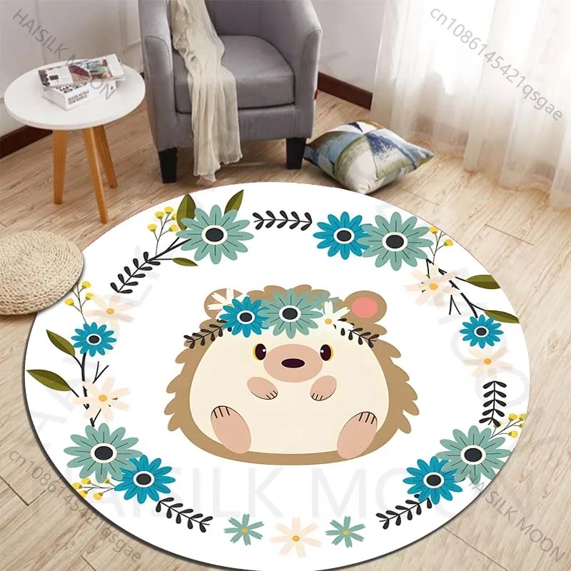 Cute hedgehog with floral wreath border Printed round carpet living room sofa table carpet large pet mat soft round carpet