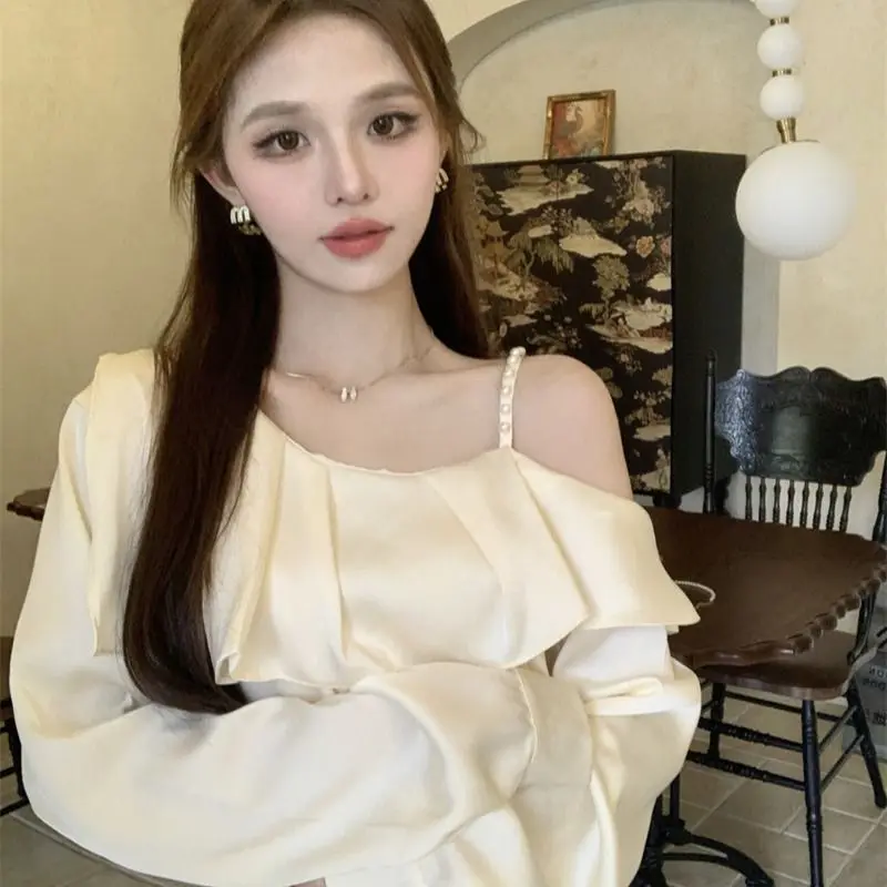 

Women Spring Autumn Elegant Temperament Solid Color Satin Long Sleeve Shirts Ladies Fashion Irregular Ruffles Office Lady Tops