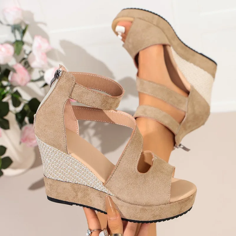 Women's Fish Mouth Open Toe Vintage Hollow Out Breathable Sandals Women New Summer Fashion Back Zipper Wedge High Heel Sandals