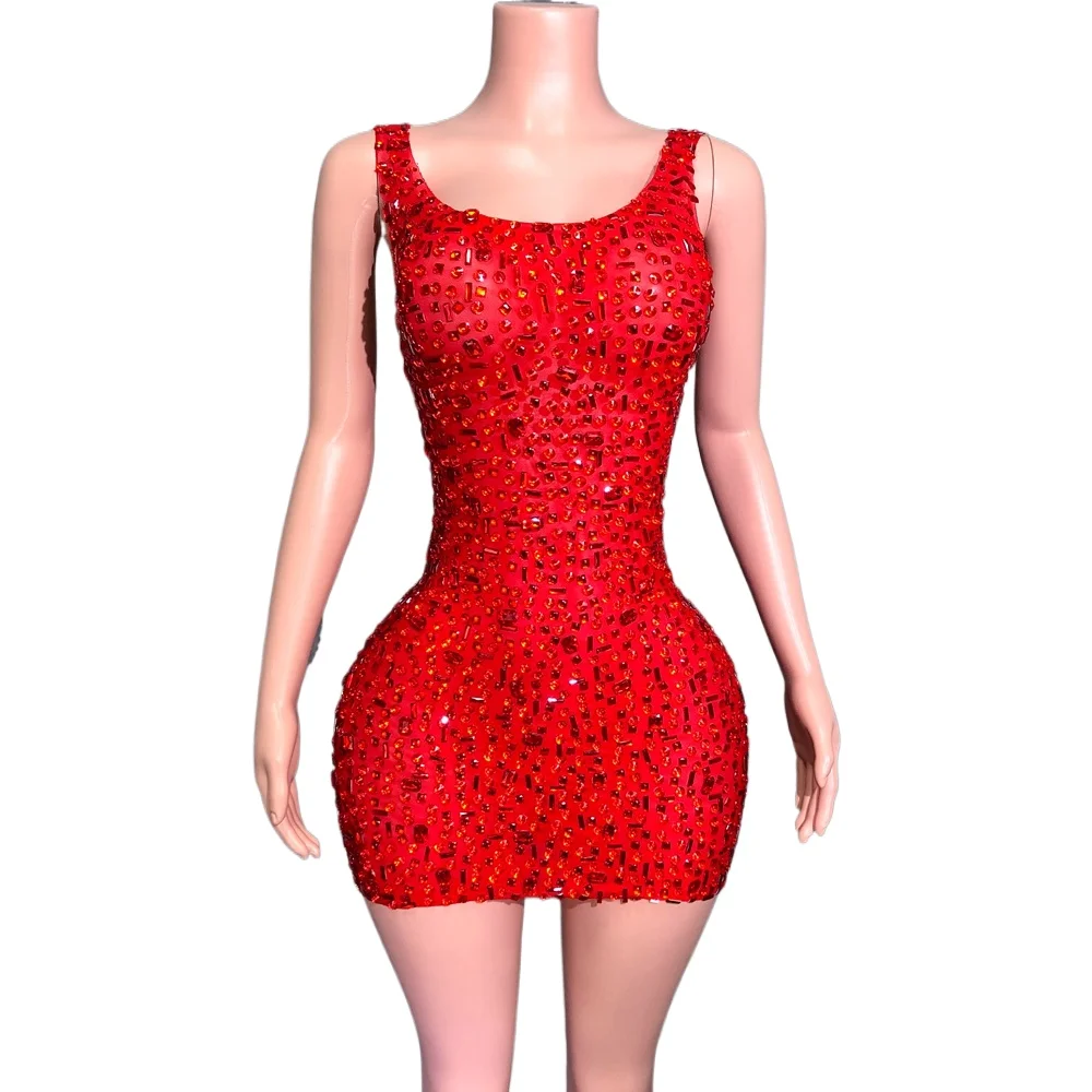 

Sparkly Red Rhinestones Short Dress for Women Sexy Mesh See Through Celebrate Evening Event Birthday Dress Photo Shoot Wear
