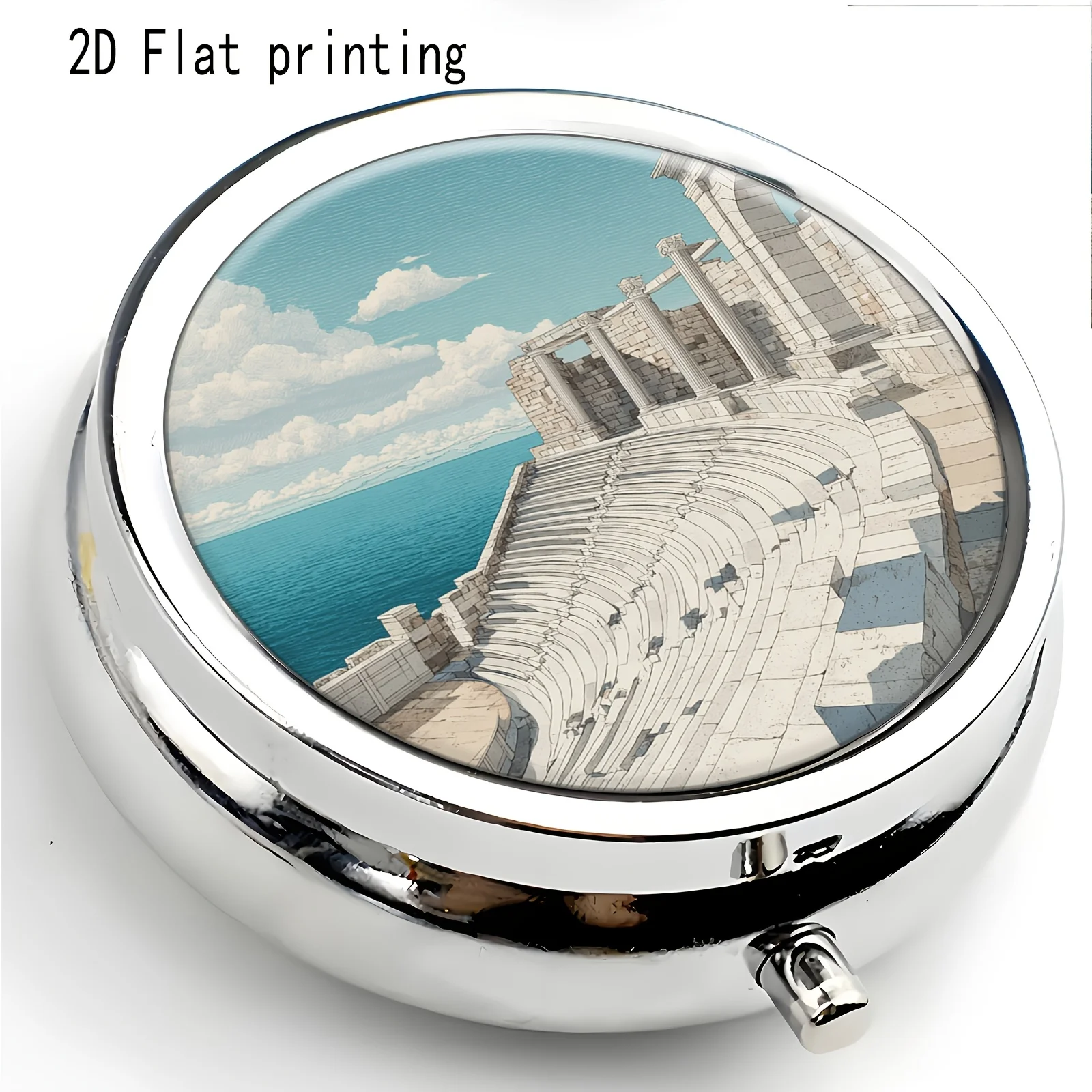 Single-piece, flat, round three-compartment box, designed with a seaside staircase landscape pattern, used for storing capsules, dreamy style, can be used as a niche accessory or birthday gift, made of metal