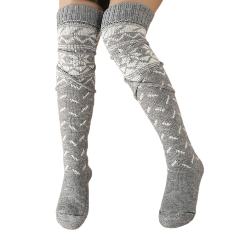 SZL Women's Christmas Knitted Leg Warmers with Ties Sweater Thigh High Socks Snowflake Pattern Over Knee Long Boot Stockings