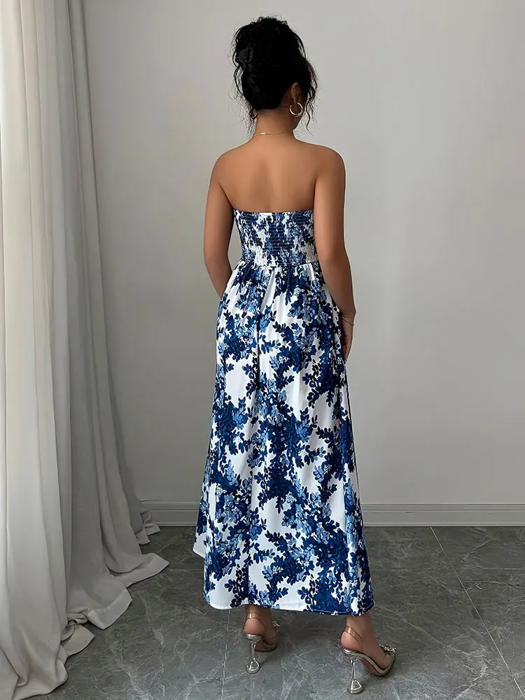 Abiti lunghi floreali Boho da donna nuovi senza spalline smocked flowy vacanza al mare lungo prendisole eleganti abiti da festa abiti femminili