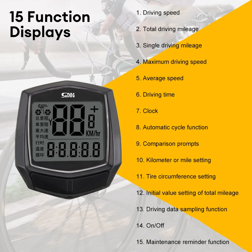 Bike Computer Bicycle Speedometer and Odometer 15 Function Wired Bike Computer Waterproof Electric Bike Riding Control Panel