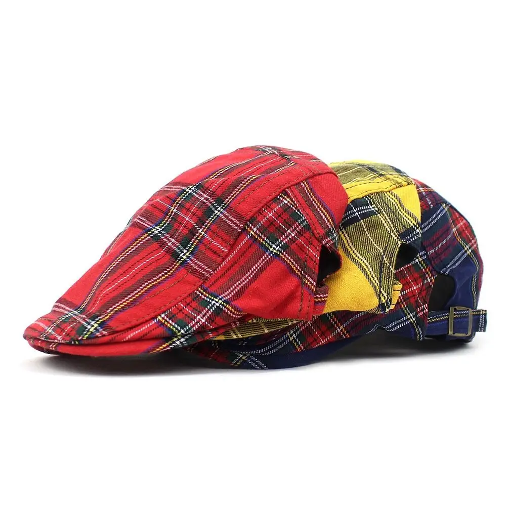 

Curved Brimmed Hat Cotton Plaid Beret Cap Short Brim Retro Cloth Painter Cap Breathable Sunshade Women Artist Hat School