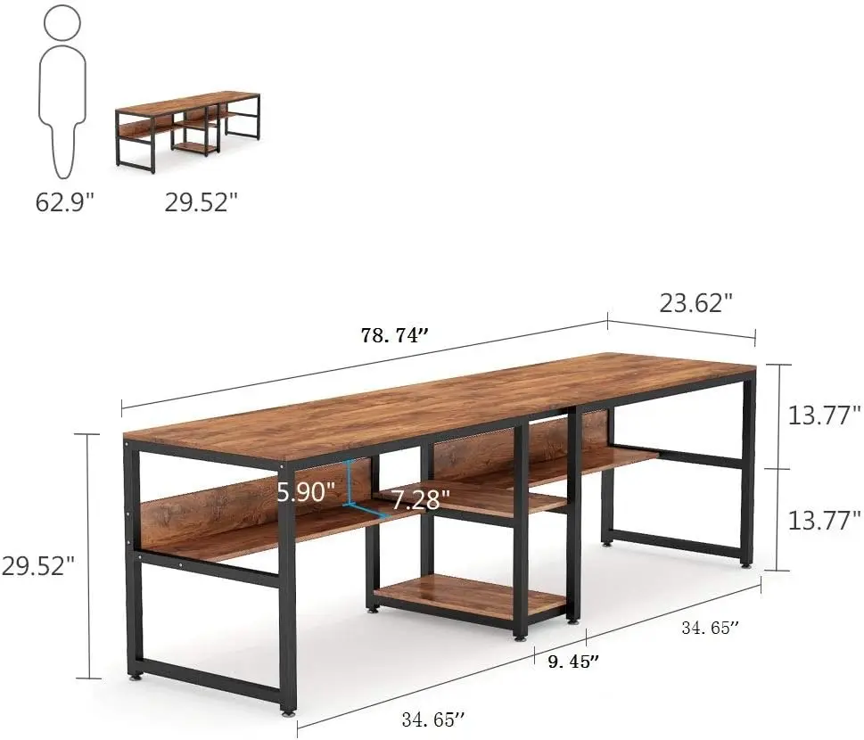 Zwei-Personen-Schreibtisch mit Bücherregal, 78,7 Computer-Büro-Doppelschreibtisch für zwei Personen, rustikaler Schreibtisch-Arbeitsplatz mit