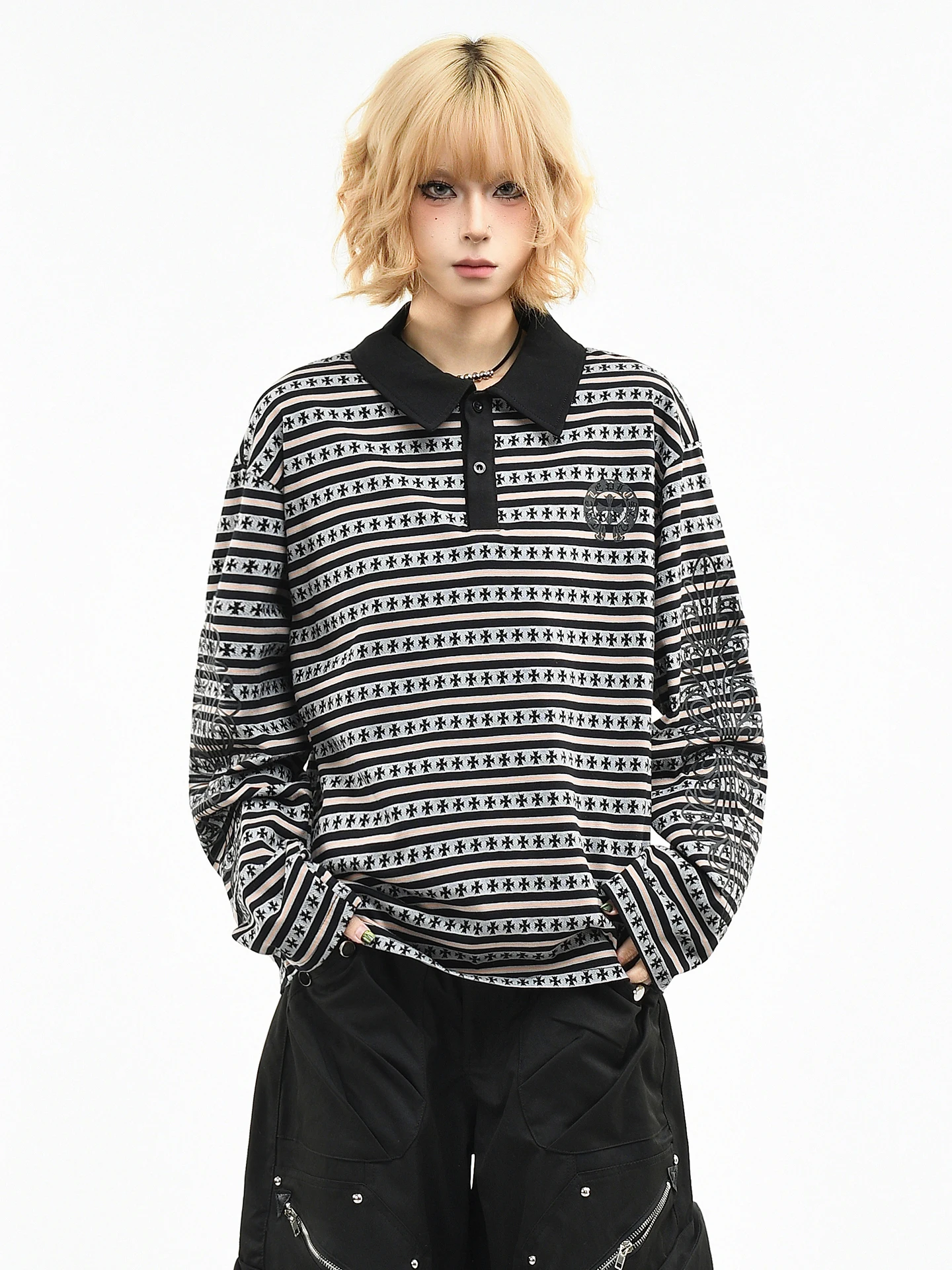 

OV Original American Retro Cross Print Striped irt Loose Long Sve Women's Spring Faionable Men's T-irt