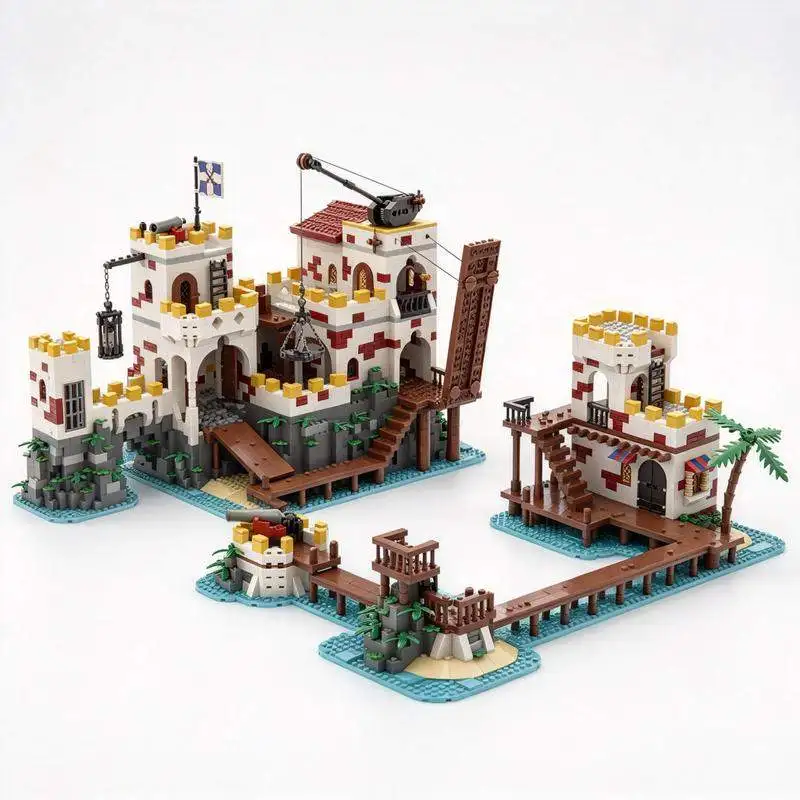 5273PCS Pirate Harbor Gate Fortress Trading Post Bridge Scene Model Custom Creative Building Blocks DIY Assembly Toy Collection