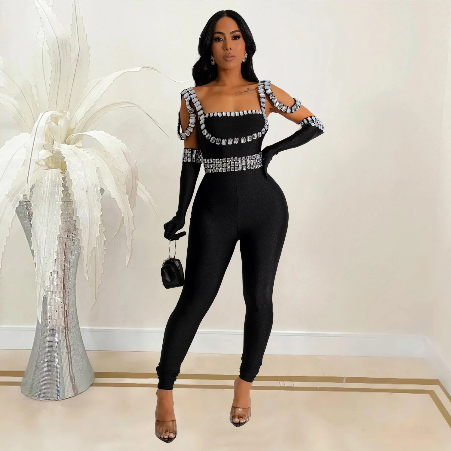 Sexy Hollow Out Rhinestone Jumpsuits 2024 Summer Women Bodysuit Elegant Luxury Bodycon One Piece Flare Wide Leg Pants Jumpsuit