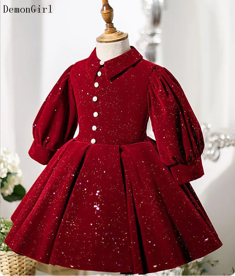 Robe de princesse à manches longues pour bébé fille, en velours bordeaux, Costume de fête pour enfant de 1 à 2 ans, nouvelle collection