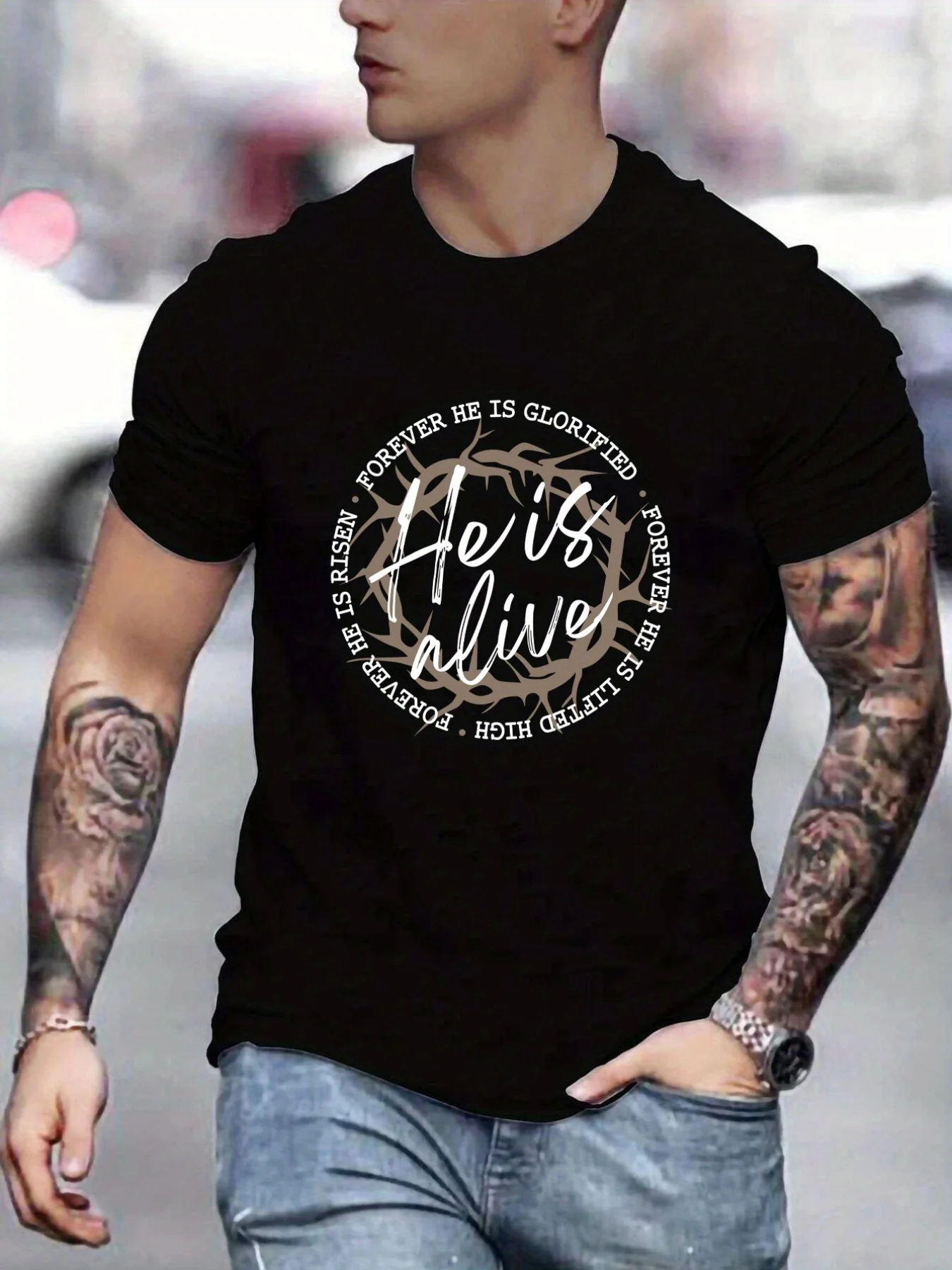 

Men's 'He Is Risen' Graphic Tee - Black Casual Crewneck T-Shirt with White Lettering & Thorn Design