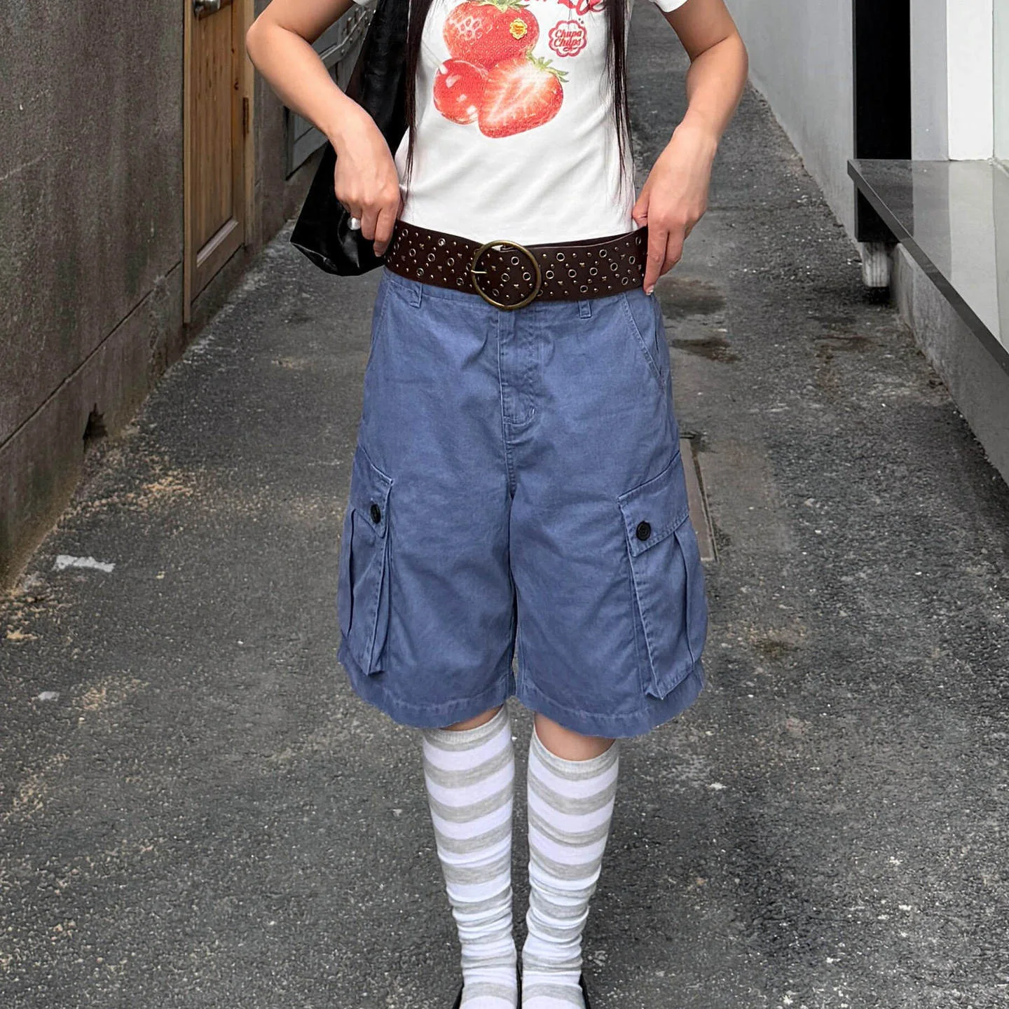 American Retro Washing Water Big Pocket Cargo Denim Five-point Pants Women Summer New Loose Wide-leg Straight Pants