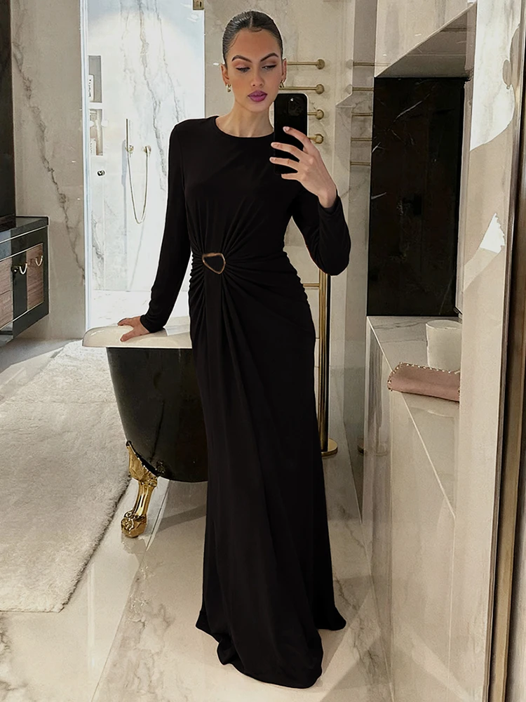 Kliou カジュアルエレガントドレス レディース 秋トレンド Oネック 長袖 メタルバックル装飾 ミッドナイトプロムパーティー ラッフルロング ボディコン