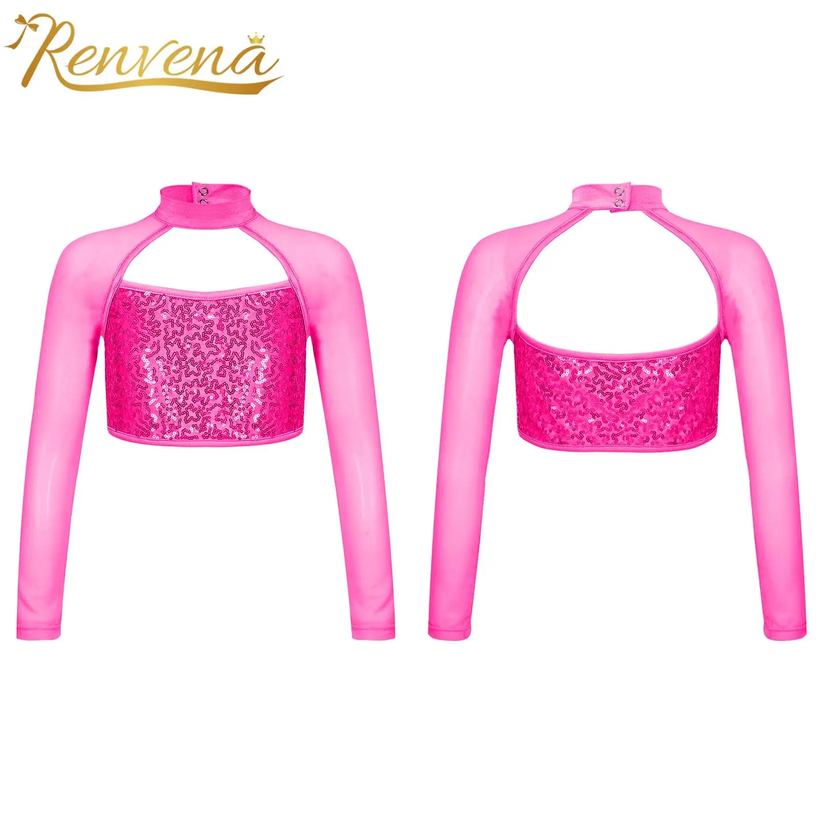Kids Girls Sequins Disco Rave Jazz Dance Crop Top Long Sleeve Hollow Out Shiny Ballet Tops for Dancing Gymnastics Dancewear
