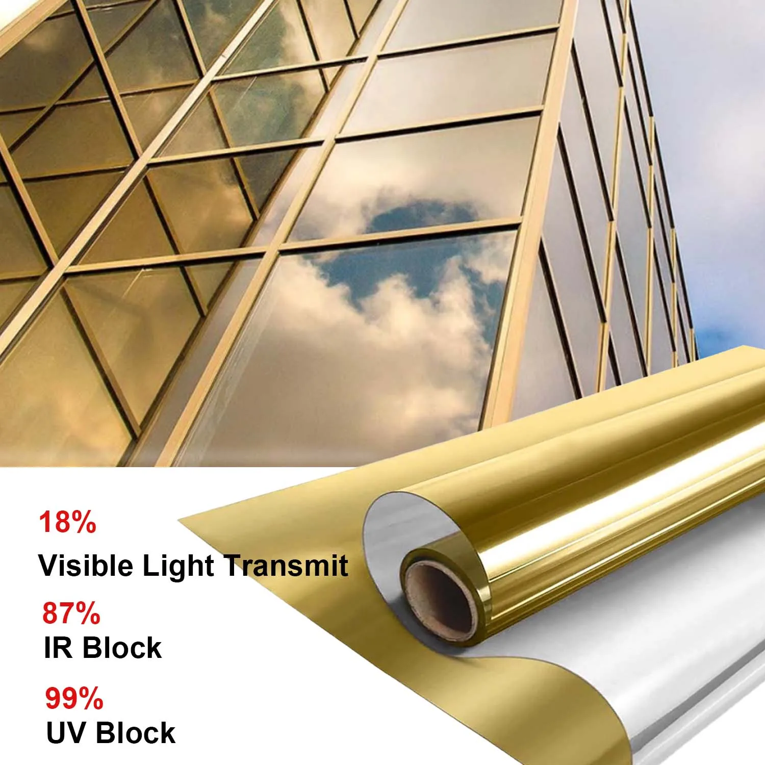 2Mil One Way Window Film Daytime Privacy Window Film Mirror Self-Adhesive Heat Control Anti UV Window Film for Home Gold Silver