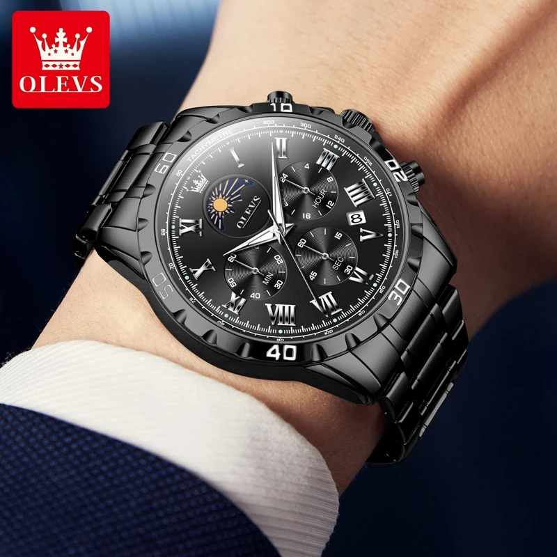 OLEVS NEW Quartz Wrist watch for Men Fashion Trend Multi-function Chronograph Black Stainless steel Business Dress Hand Clocks