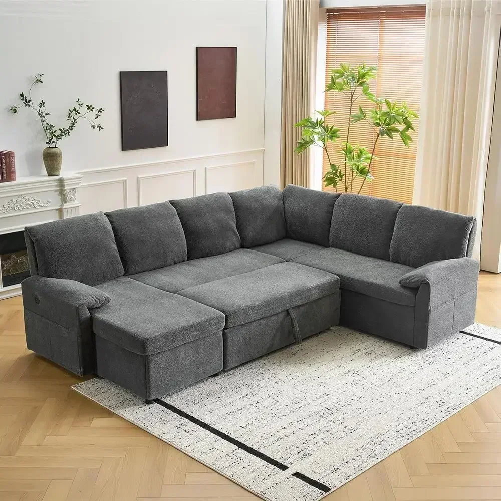 Convertible Sofa Bed with Pull-Out Couch, Plush U-Shape Sectional Couch featuring Storage Chaise, USB Ports, and Side Pockets