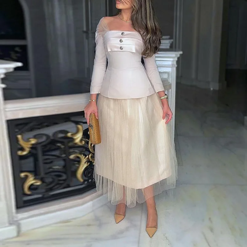 

French elegance, high-end fashion slanted shoulder top, mesh skirt, two-piece set of simple luxury temperament, high-end resort