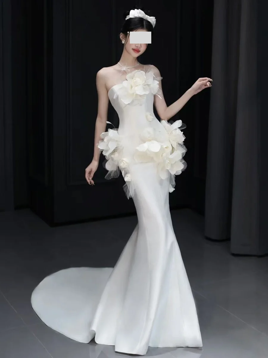 QR Customized New Strapless Top Three-Dimensional Flower Wedding Mermaid Dress Ethereal And Dreamy Vintage-Style Evening Gown