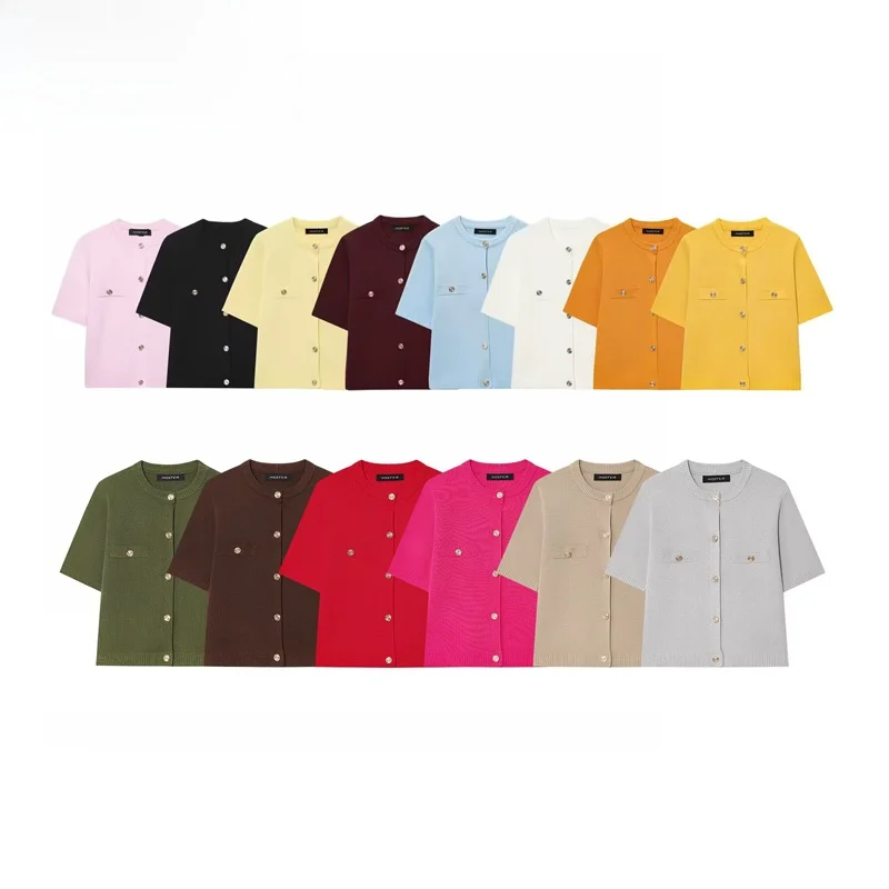 Chaqueta de Punto de Manga Corta Simple y Moderna para Mujer, Estilo Urbano, Fibra de Poliéster, Cuello Redondo, Botones, Lar...