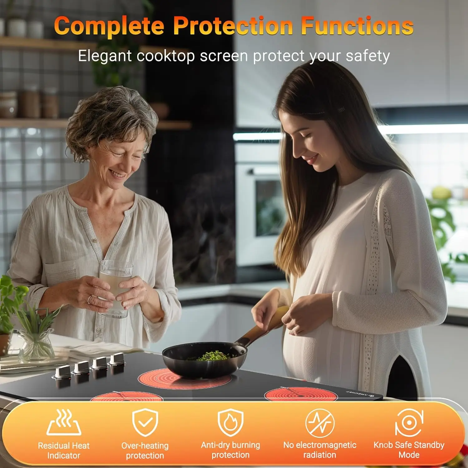 30 Inch Built-in Electric Cooktop,6700W and 4 Burners Cooktop ,Knob Control Levels & Hot Surface Indicator