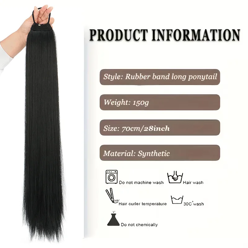 28Inch Synthetic Long Straight Ponytail Hair Extneison Heat Resistant Black Wrap Around DIY Braid Hairpiece for Women