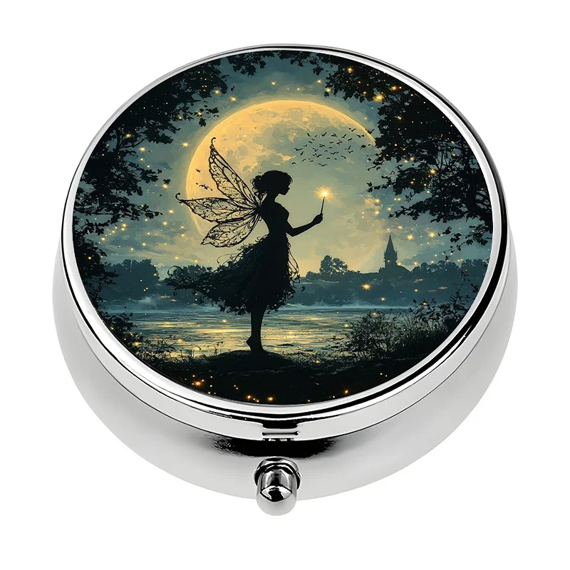 1 travel portable pill box, with 3 compartments, fairy moon scene, mini decorative pill box, unique gift compact pill box, daily medication organizer, stylish pill box, fairy design, lightweight shell, durable storage box, multi-compartment box, small medicine container, health-conscious individuals, gift shoppers