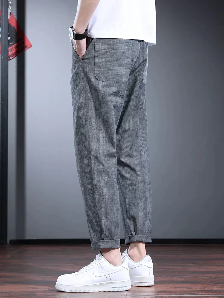 Gray Striped Men's Casual Pants Summer Japan Style Cotton Drawstring Trousers CP2251
