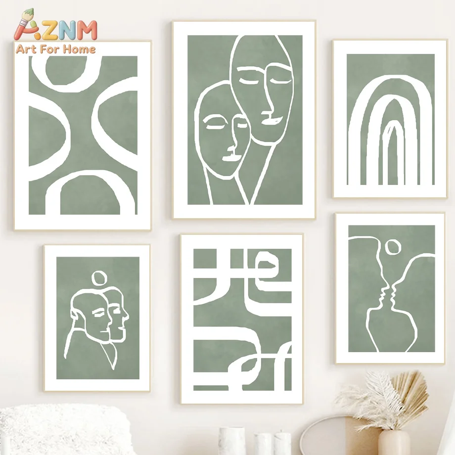 AZNM Sage Green Abstract Line Canvas Print Minimalist Couple Face Rainbow Geometric White Line Drawing Neutral Boho Wall Poster