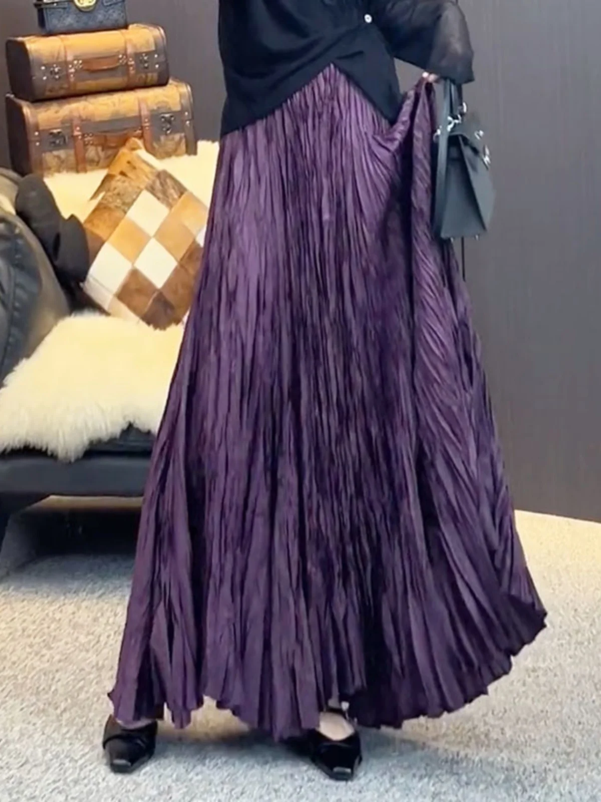 

Ретро-юбка-зонтик глубокого фиолетового цвета для чаепития, осенняя новинка, длинная женская юбка с волнистой текстурой, больших размеров