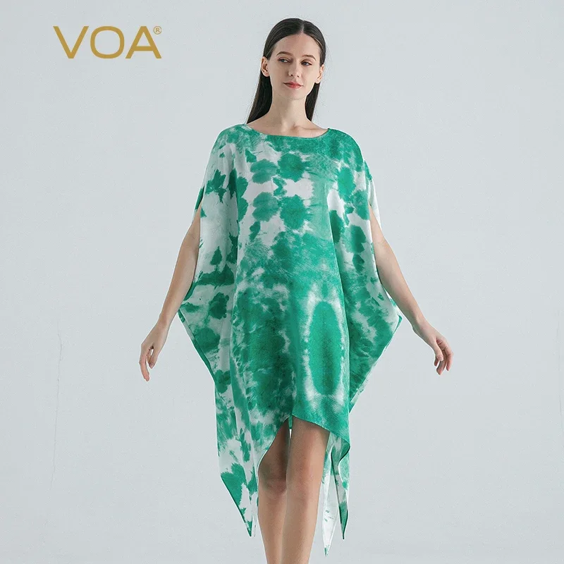 

VOA Silk Jacquard Green O-neck High Quality Loose Dresses Women Pointed Hem Bohemia Fashion Short Sleeve Summer Dress AE1806