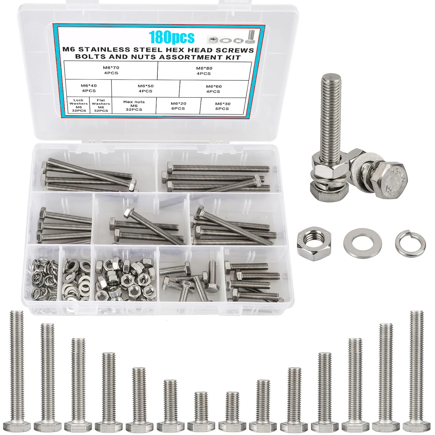 

128 pieces of M6 bolts, M6 hexagonal bolts and nut kits, 304 stainless steel heavy-duty nut and bolt combination kits, 7 lengths