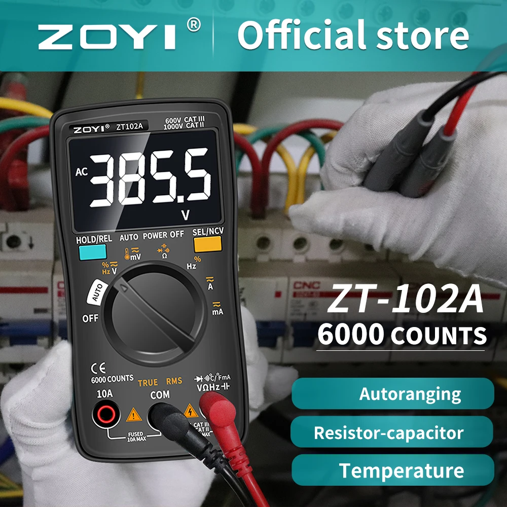 ZOYI ZT-102A 6000 Counts Auto-Ranging Digital Multimeter AC/DC Voltage Tester Transistor Meter Process Calibrator