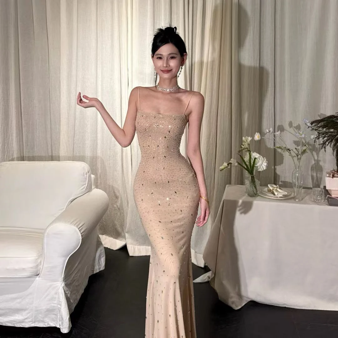 

Women's Spring Summer Sexy Diamonds Backless Bodycon Long Dress Lady Sleeveless Strap Solid Color Party Slim Dress