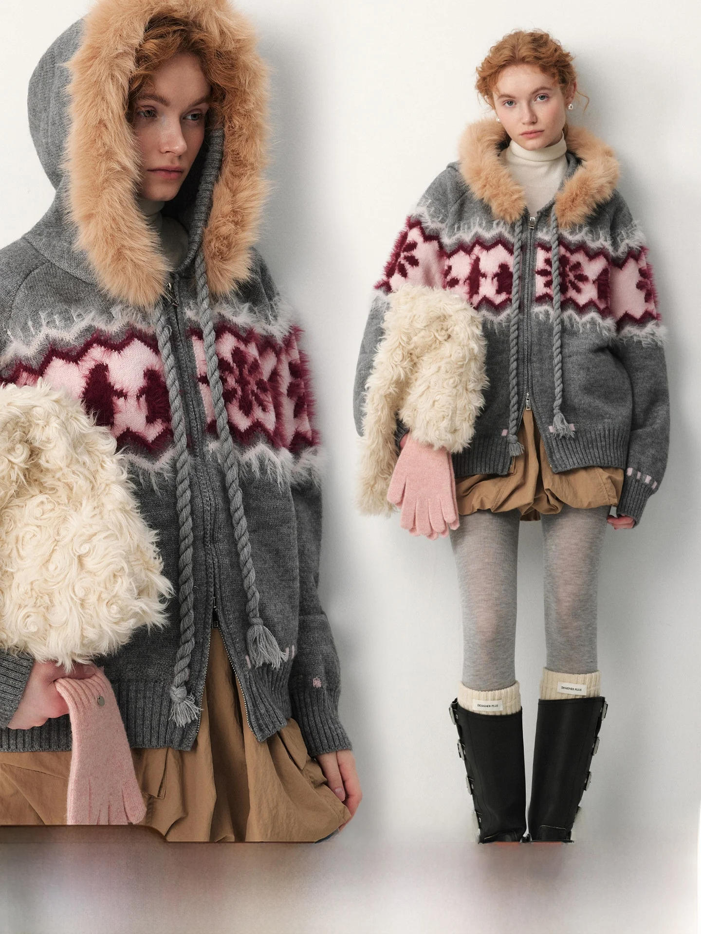 

plus Size Knitted Sweater Coat with Fur Collar Fair Isle Pattern Loose Fit Hooded Warm Thi Winter Outerwear for Women