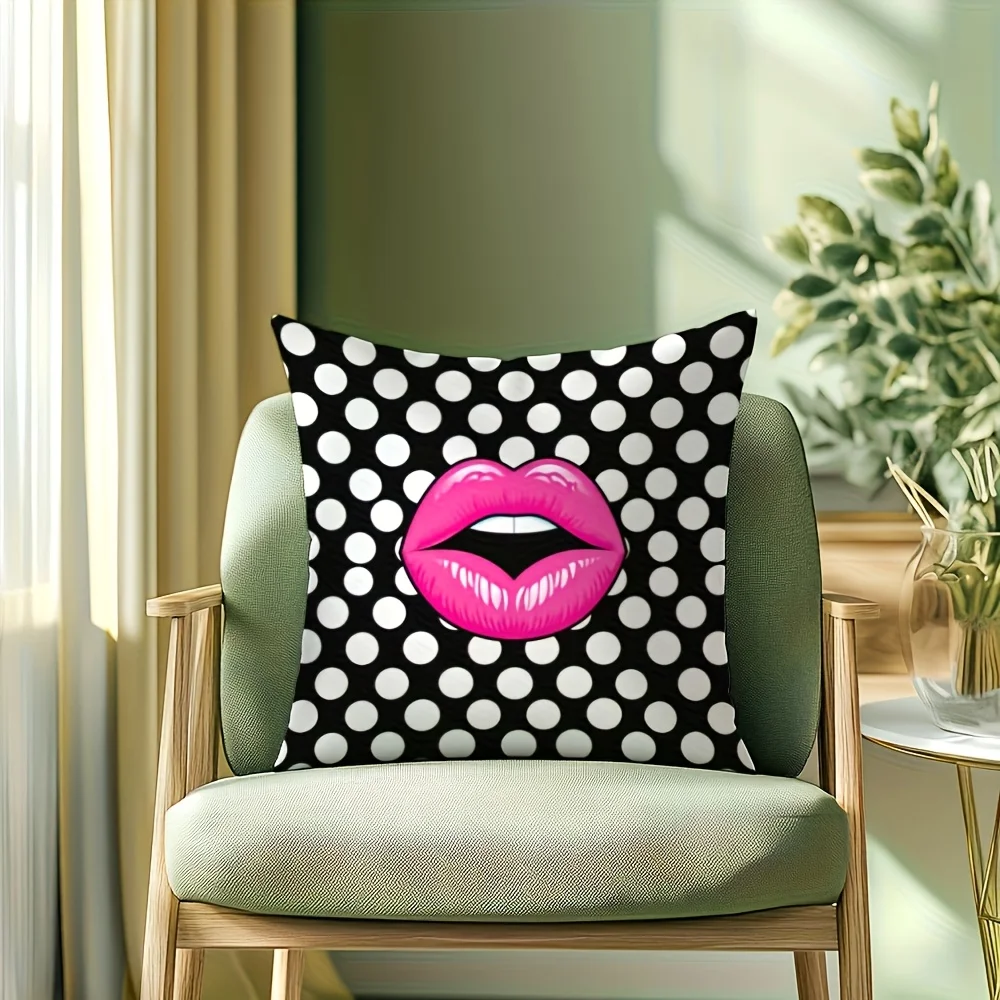 Pop Art Lips Pillow Case, Black White Polka Dot Cushion Cover, Retro Pink Mouth Decor, Fashion Home Textile, Gift for Her