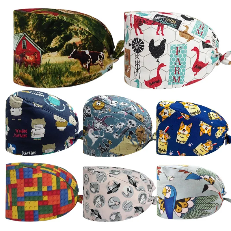 Unisex Cartoon Surgical Cap Male and Female Lab Doctor Work Cap Beauty Pet Vet Cap Medical Supplies Operating Room Scrub Hat