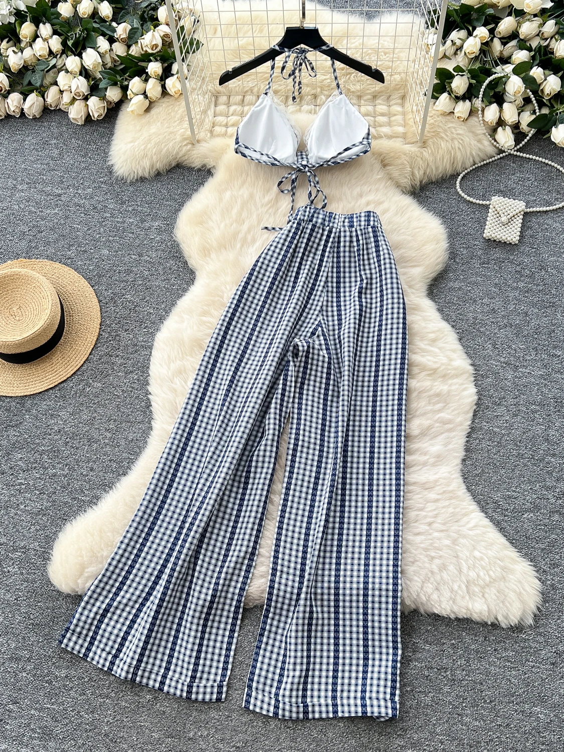 

High Waist Lace Trim Vaion Wear Women's Summer Sexy Spicy Girl ter Ne Strap Plaid Bra Casual Pants Faion Set