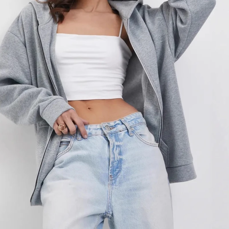 

2025 New Women's Fleece-Lined Hoodie Casual Zip-Up Solid Color Jacket