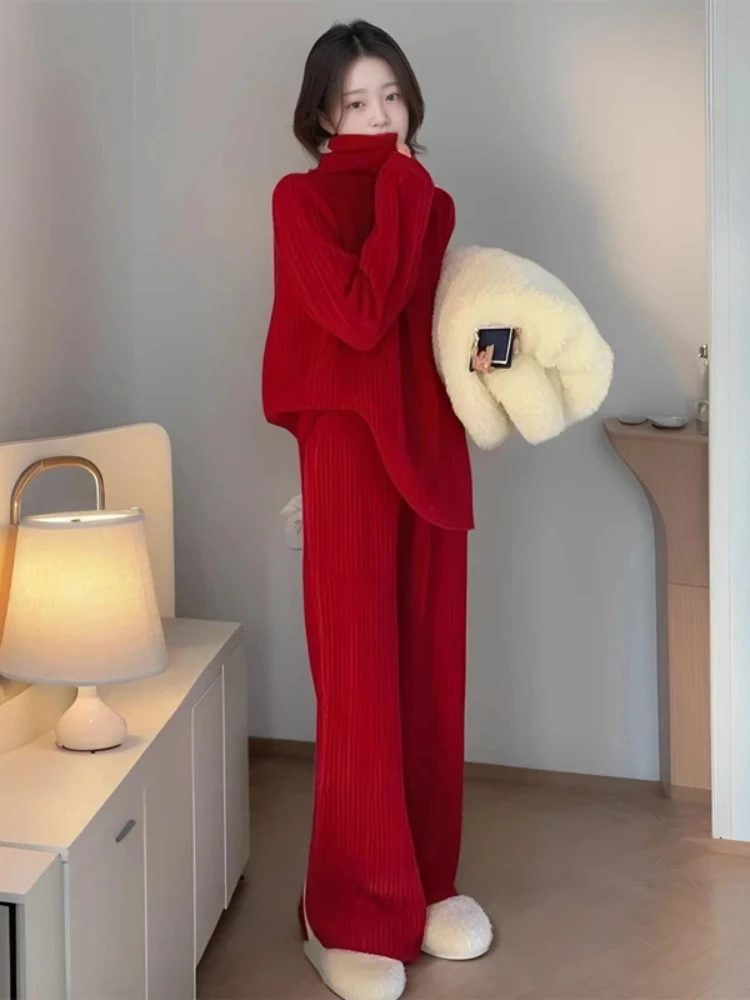 

Red High Collar Sweater And Casual Pants Two Piece Set Women's Autumn Korean Style Atmosphere Clothing Complete Set