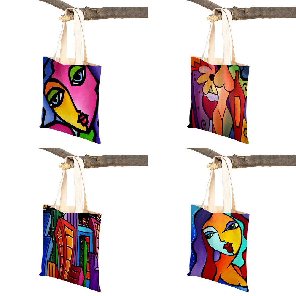 Fashion Colorful Abstract Painting Women Canvas School Bag Shopping Shoulder Bag Both Sided Cartoon Girl Tote Travel Handbag