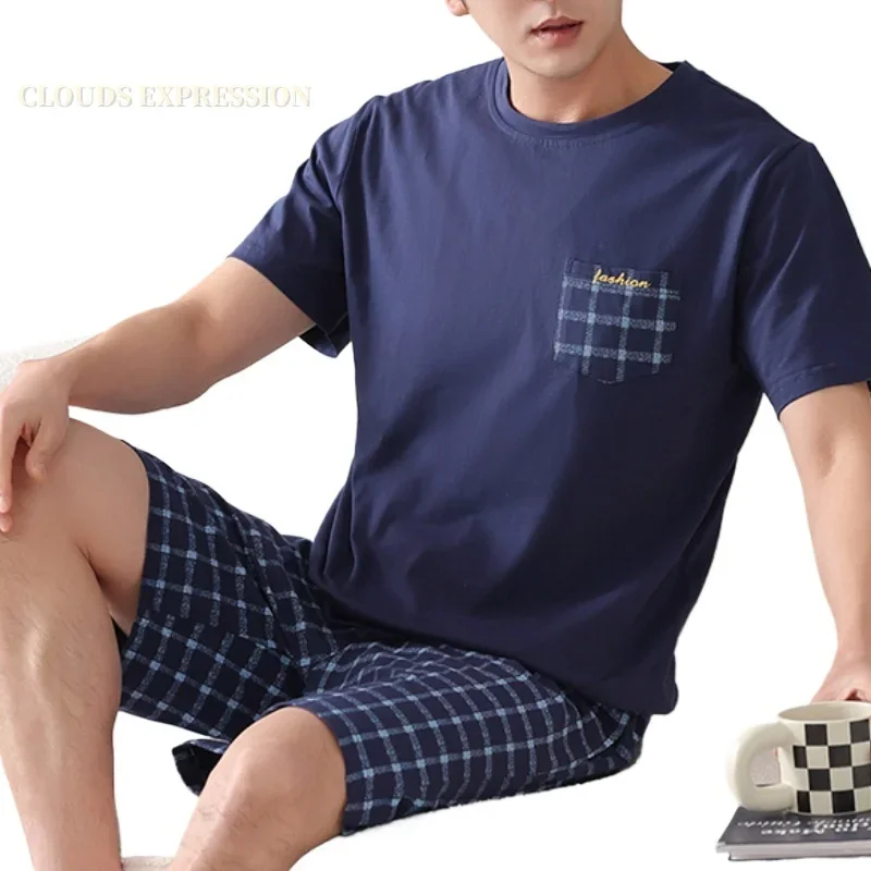 Summer Plus 7XL Knitted Pjs Short Sleeved Men Pajama Sets Male Pajamas Plaid Loungewear For Masculine Sleepwear Homewear Fashion